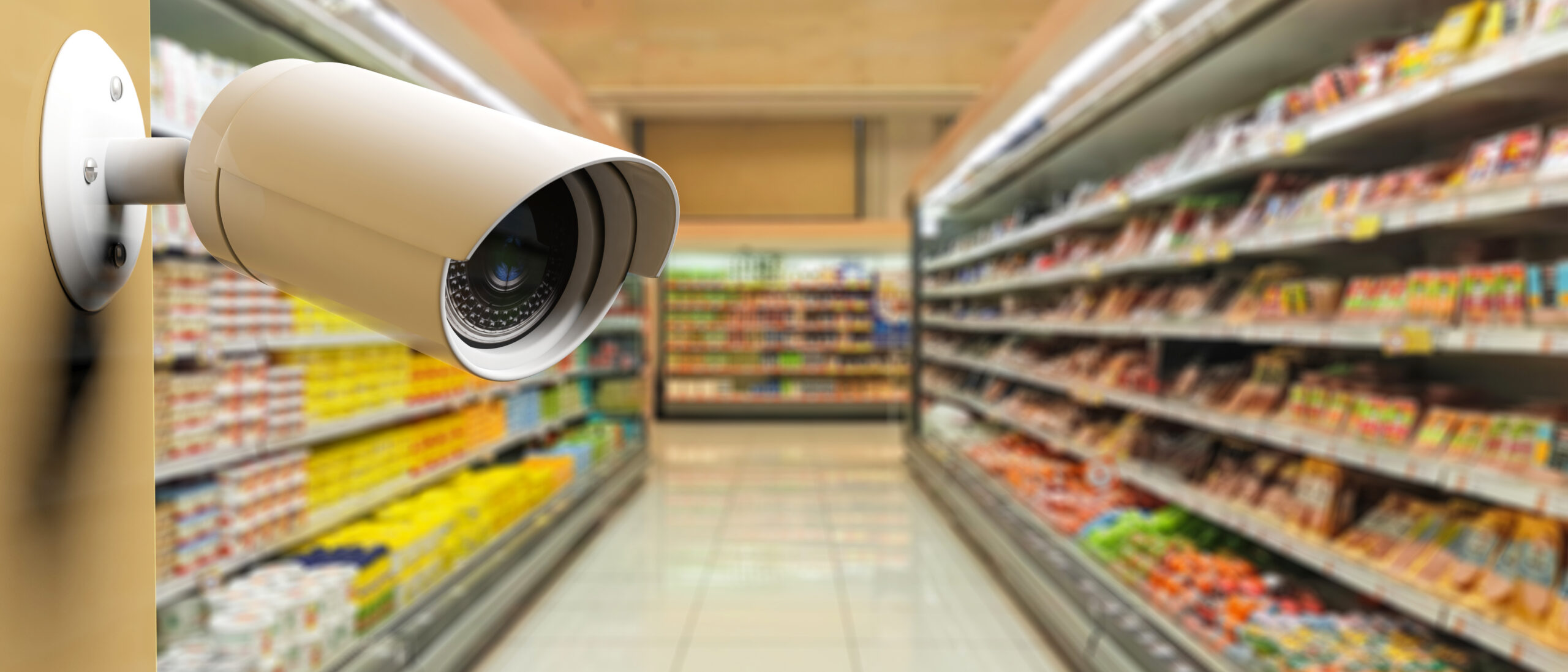 Supermarket, security. Surveillance camera CCTV on blur supermarket background. 3d illustration